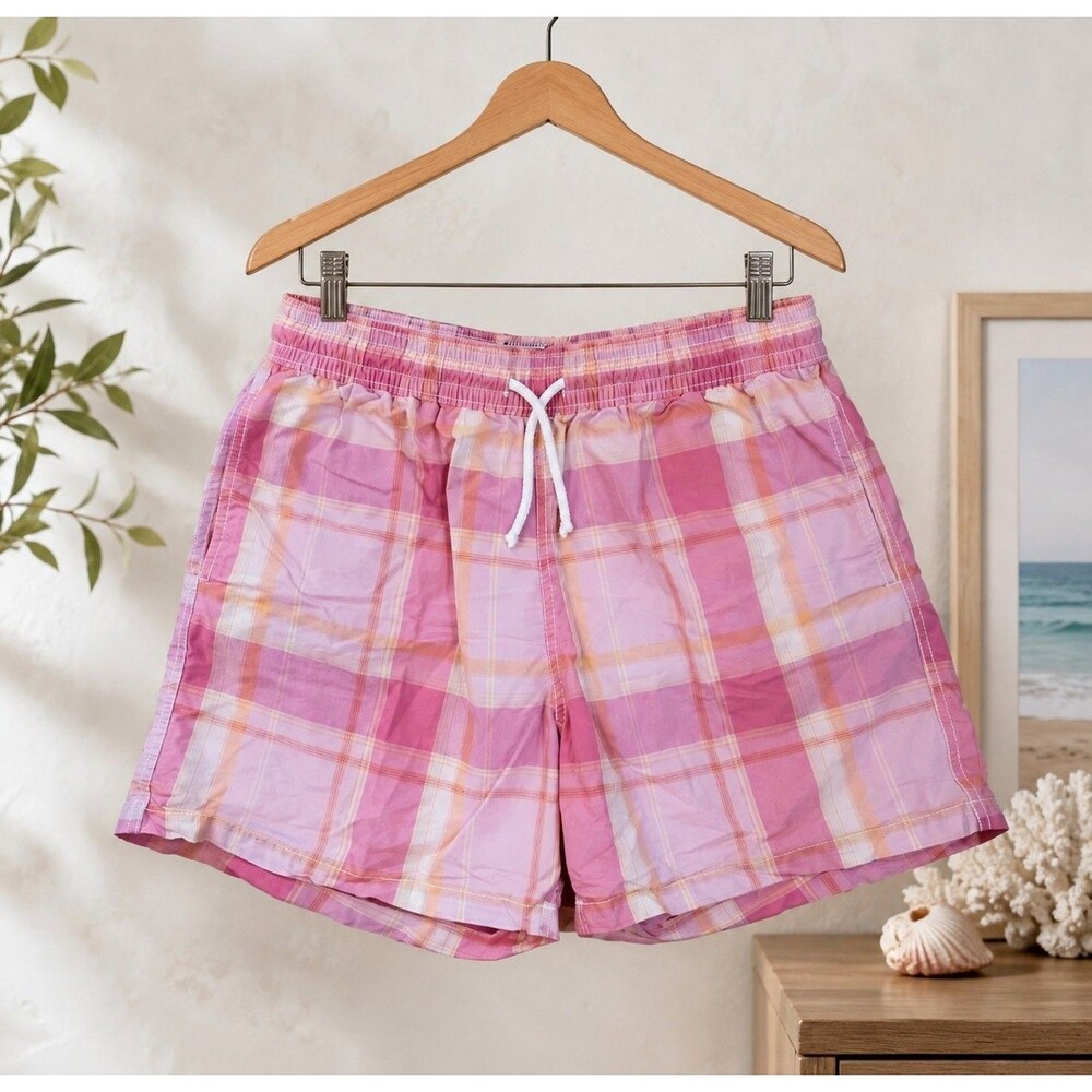 Vilebrequin Men’s XL Swim Trunks Pink Plaid Check Mesh Lined Drawstring Shorts